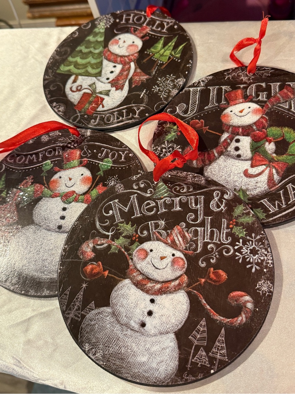 Source Unknown Snowman Ornaments with Red Accents